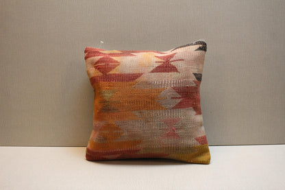 Handmade Kilim Pillow Cover: Vintage Turkish Rug, Boho Tribal Design (16x16 inch)