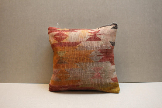 Handmade Kilim Pillow Cover: Vintage Turkish Rug, Boho Tribal Design (16x16 inch)