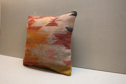 Handmade Kilim Pillow Cover: Vintage Turkish Rug, Boho Tribal Design (16x16 inch)