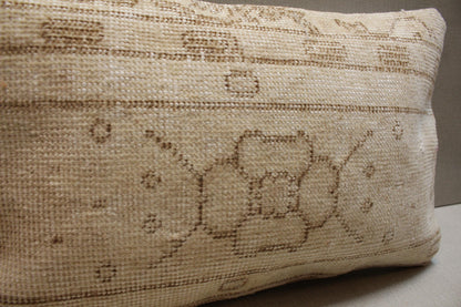 Handwoven Turkish Kilim Lumbar Pillow Cover: Beige & Brown, 12x20 Inc.