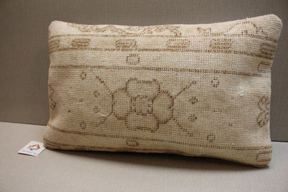 Handwoven Turkish Kilim Lumbar Pillow Cover: Beige & Brown, 12x20 Inc.