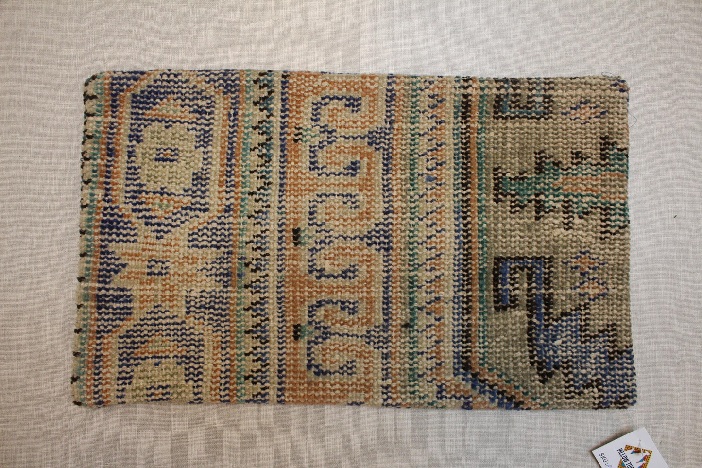 Vintage Turkish Kilim Lumbar Pillow Cover 12x20: Beige Blue Green Wool Cushion