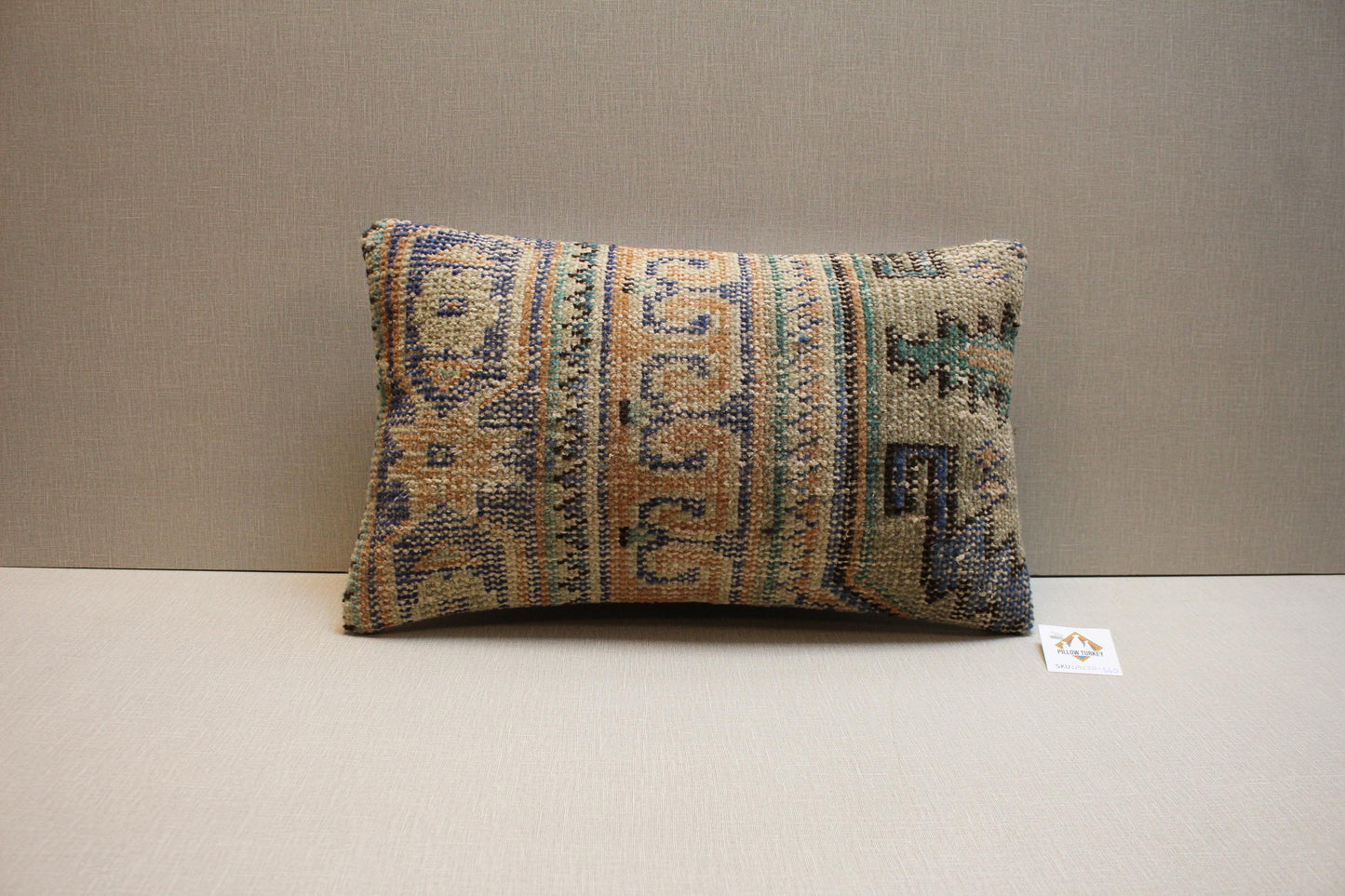 Vintage Turkish Kilim Lumbar Pillow Cover 12x20: Beige Blue Green Wool Cushion