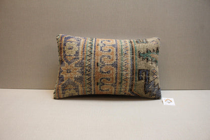 Vintage Turkish Kilim Lumbar Pillow Cover 12x20: Beige Blue Green Wool Cushion