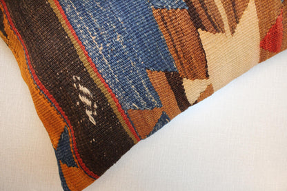 Vintage Turkish Kilim Lumbar Pillow Cover: 12x20 Blue Brown Red