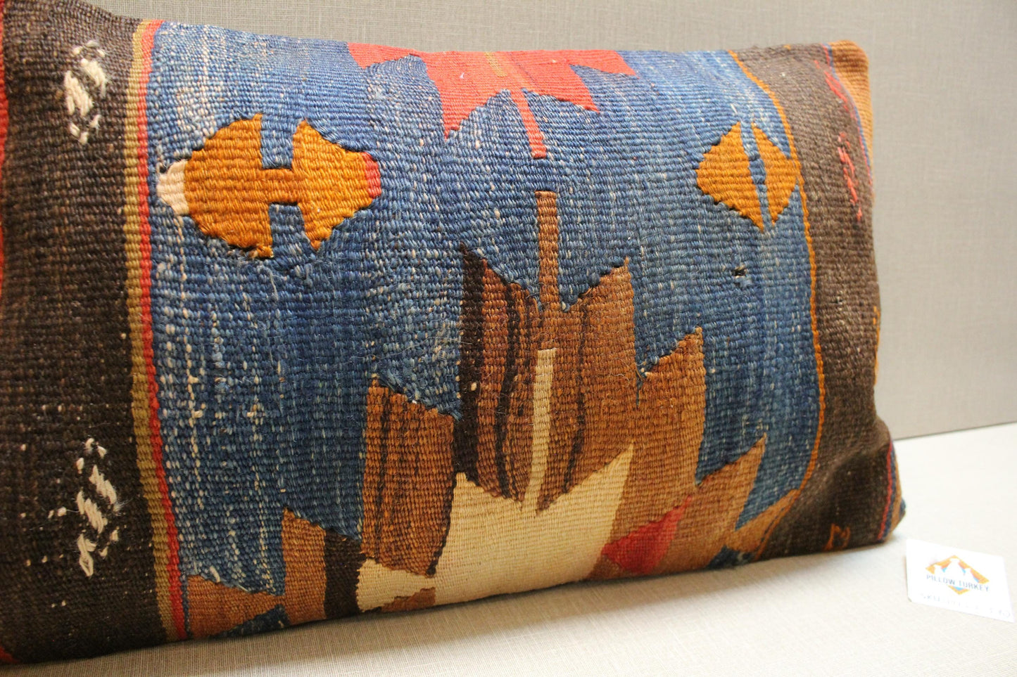 Vintage Turkish Kilim Lumbar Pillow Cover: 12x20 Blue Brown Red