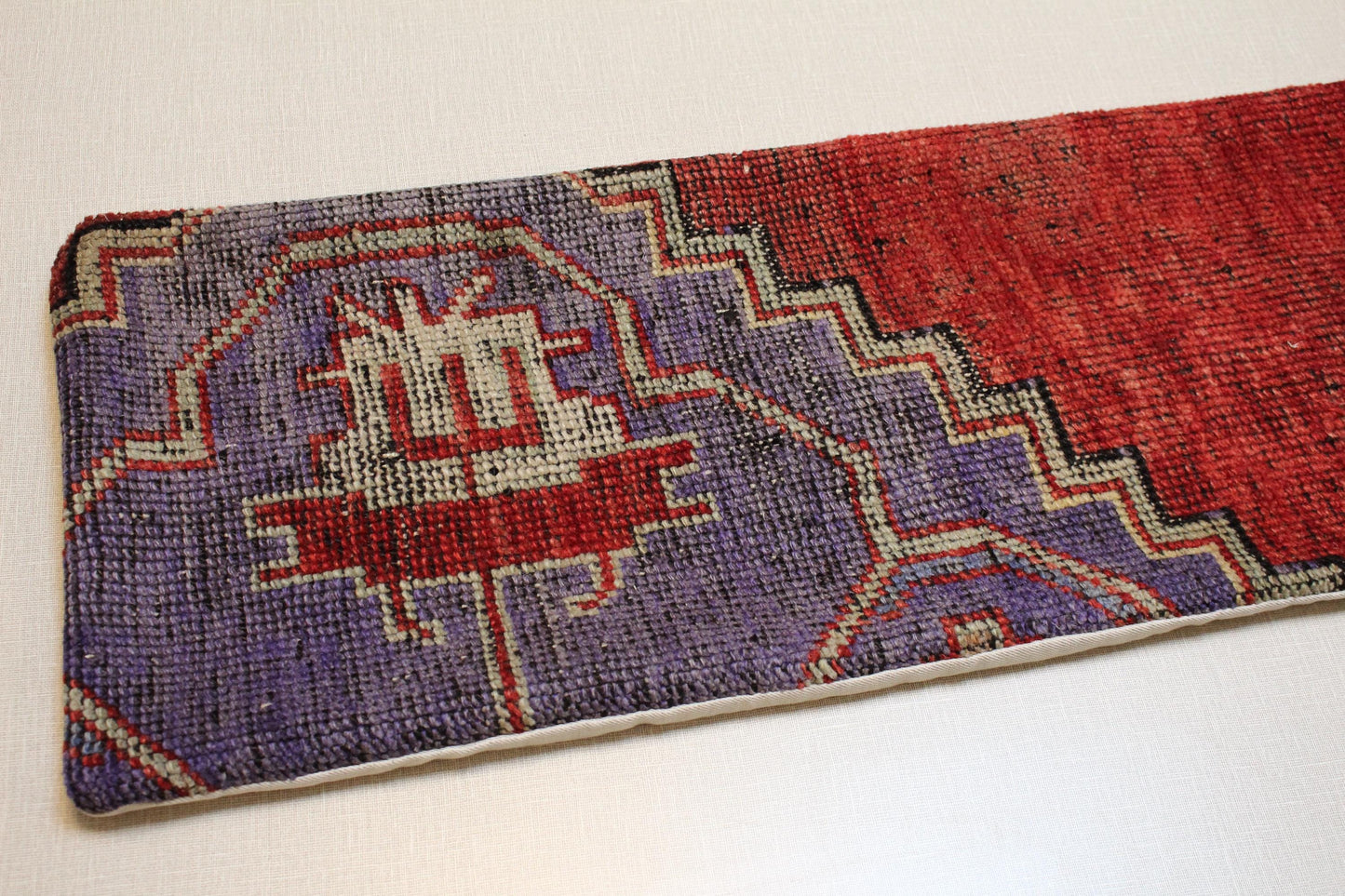 Handwoven Turkish Kilim Bench Cover: Red & Purple Geometric Wool Upholstery