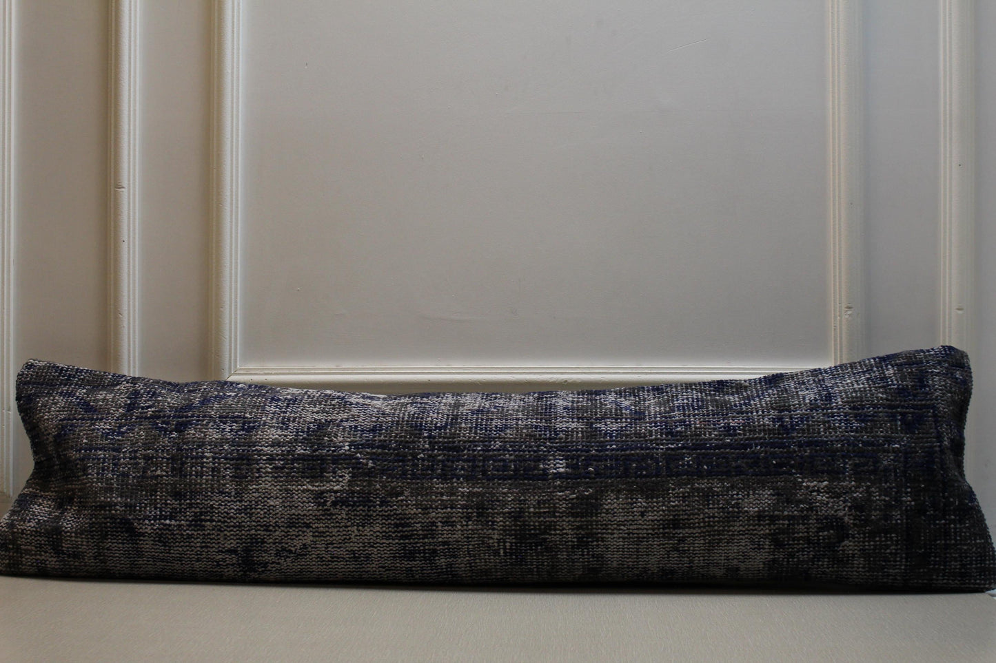 Handmade Kilim Lumbar Pillow: Vintage Turkish Rug Cushion, Gray & Navy