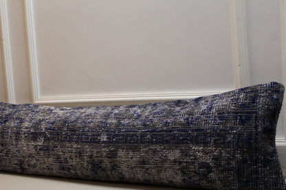 Handmade Kilim Lumbar Pillow: Vintage Turkish Rug Cushion, Gray & Navy