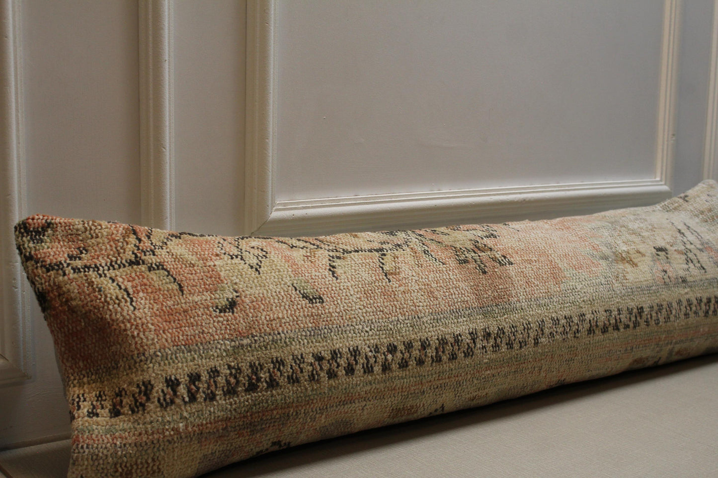 Kilim Lumbar Pillow Cover: Vintage Turkish Rug, Peach & Beige Wool