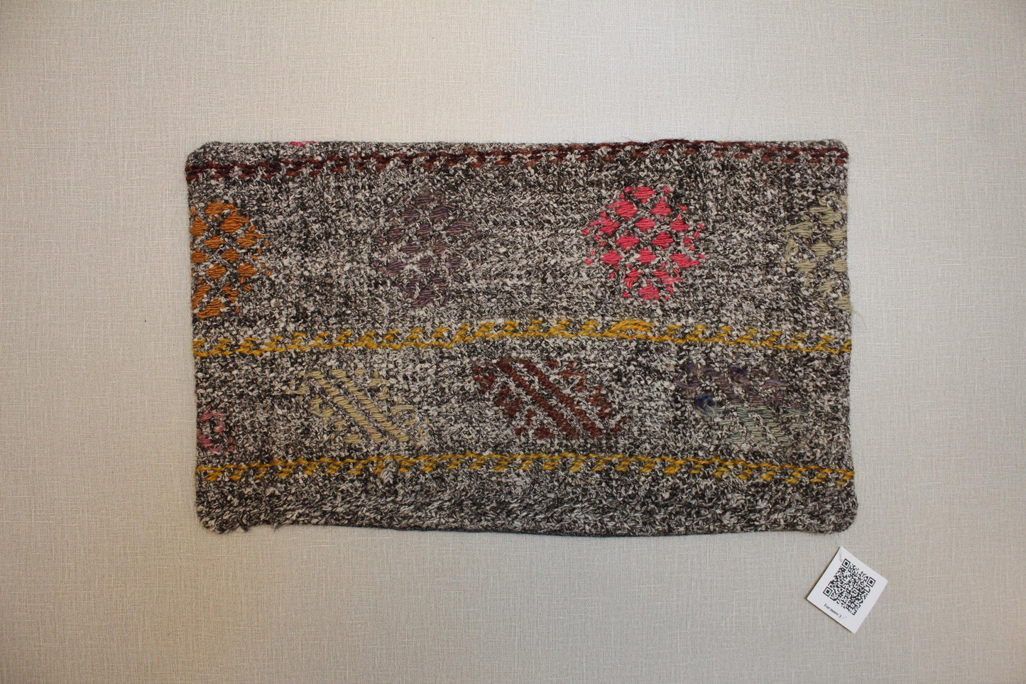 Gray Kilim Pillow – Handmade Turkish Rug Cushion with Yellow Red Brown Motifs
