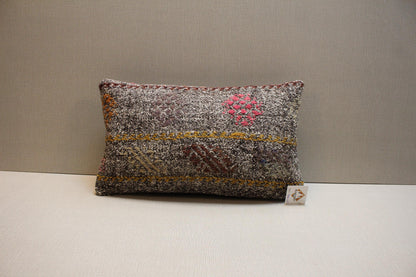Gray Kilim Pillow – Handmade Turkish Rug Cushion with Yellow Red Brown Motifs