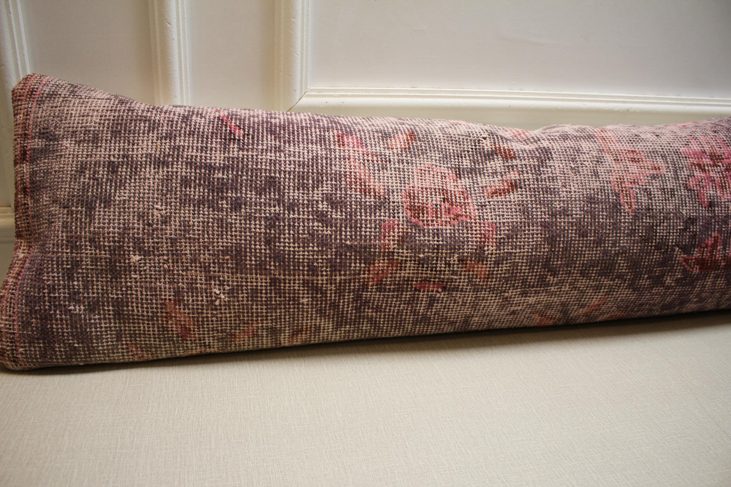 Vintage Turkish Oushak Rug: Distressed Wool, Pink Burgundy Beige, 30x120