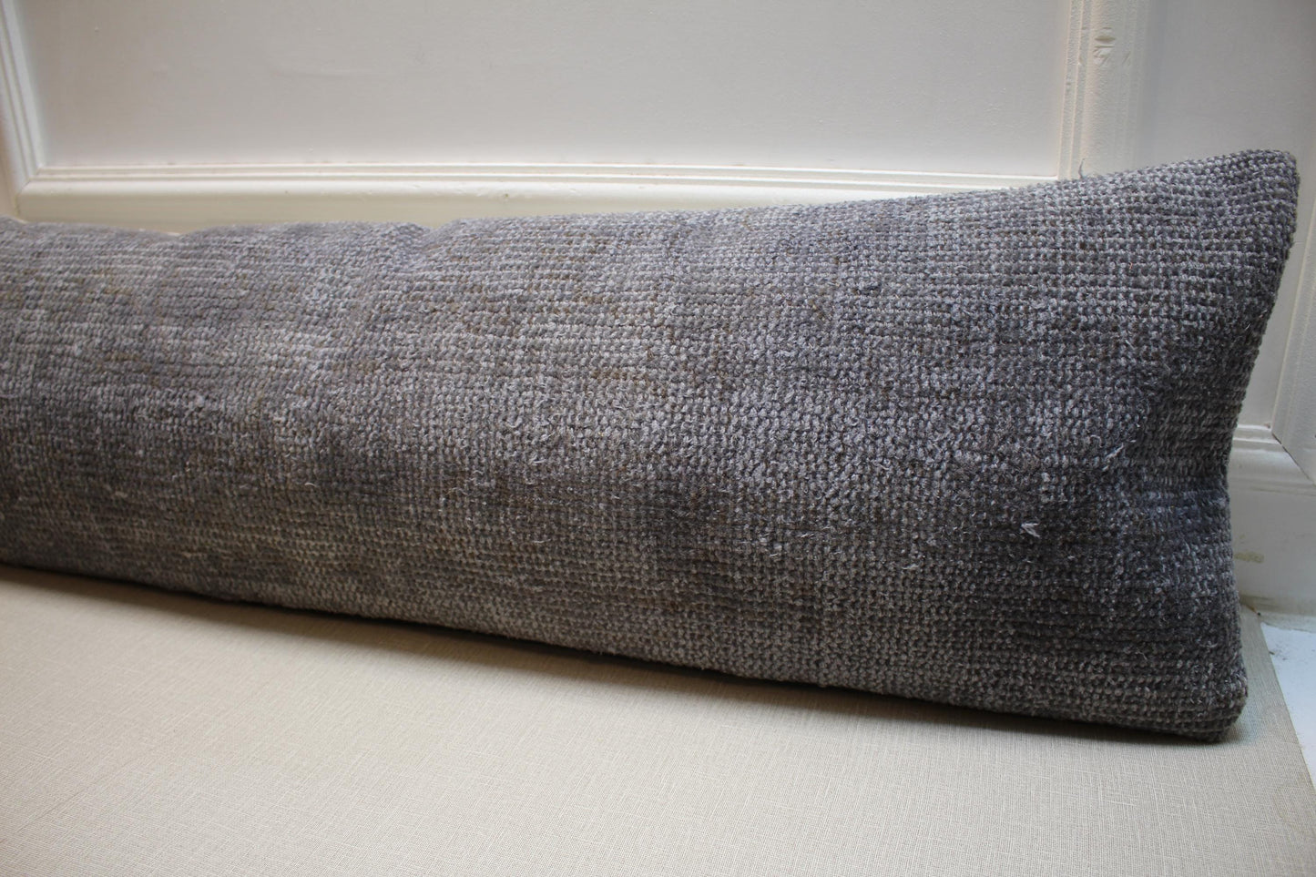 Gray Woven Wool Lumbar Pillow Cover: 12x48 inch Vintage Turkish Kilim