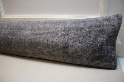 Gray Woven Wool Lumbar Pillow Cover: 12x48 inch Vintage Turkish Kilim