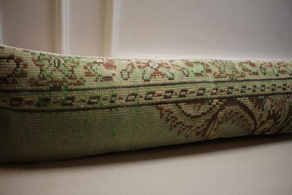 Distressed Turkish Oushak Rug: Vintage Faded Wool Carpet, Green Brown Beige