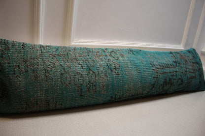 Vintage Turkish Kilim Pillow Cover: Distressed Teal Green Brown, 12x48