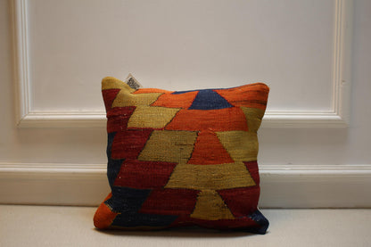 Handwoven Turkish Kilim Pillow Cover: Rustic Boho Tribal Decor 16x16
