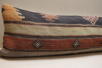 Handwoven Turkish Kilim Lumbar Pillow Cover 12x36: Rustic Boho Decor
