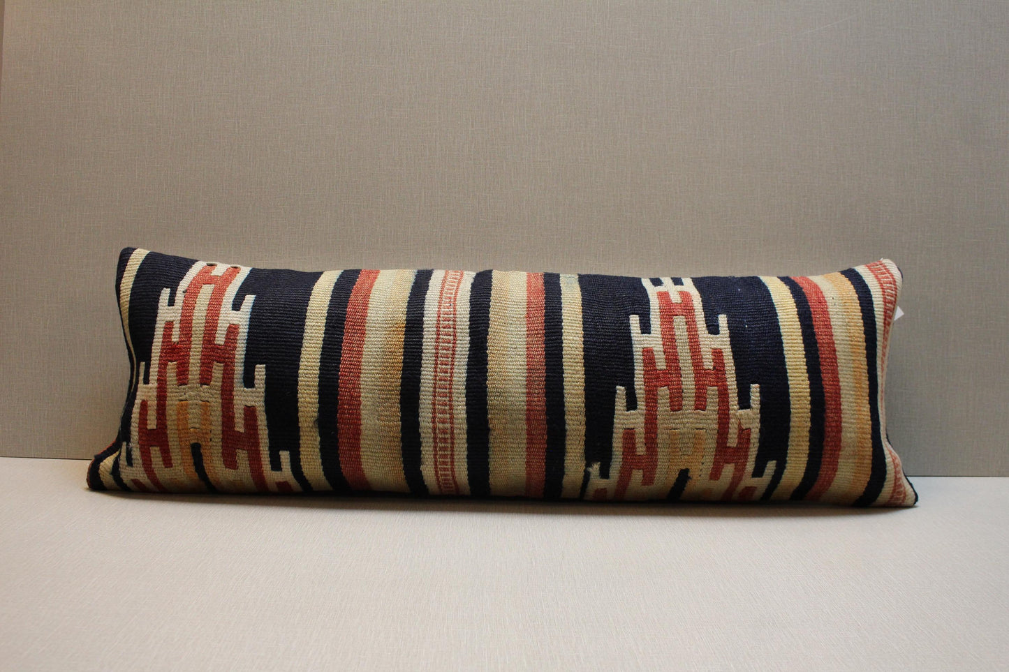 Handwoven Turkish Kilim Pillow Cover 12x36: Navy Blue Beige Tribal Lumbar Cushion