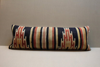 Handwoven Turkish Kilim Pillow Cover 12x36: Navy Blue Beige Tribal Lumbar Cushion