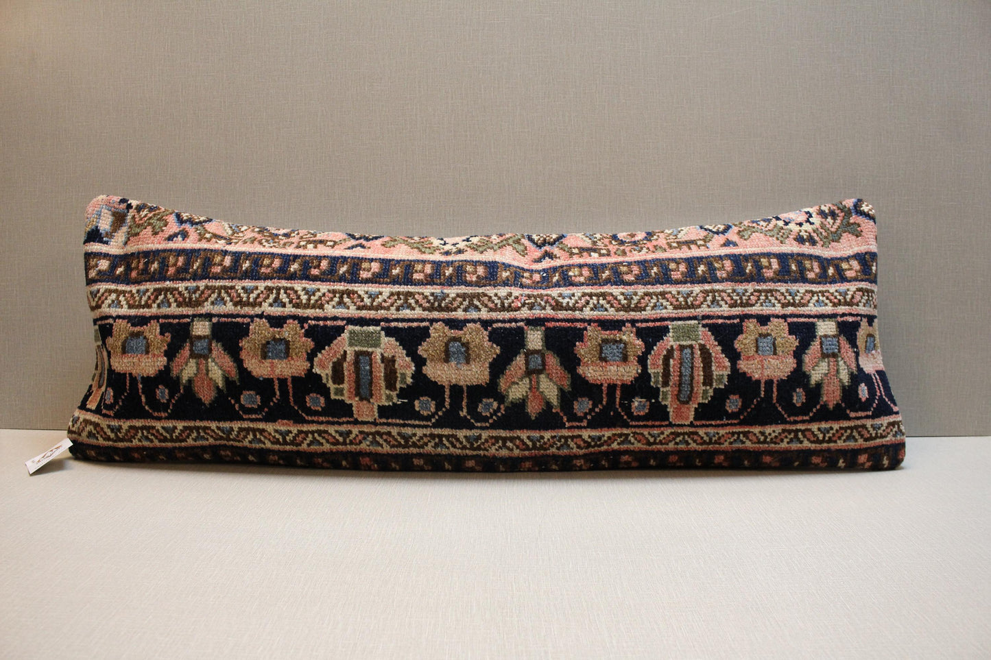 Handwoven Turkish Kilim Lumbar Pillow Cover 12x36: Navy Blue Floral Boho Decor