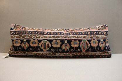 Handwoven Turkish Kilim Lumbar Pillow Cover 12x36: Navy Blue Floral Boho Decor