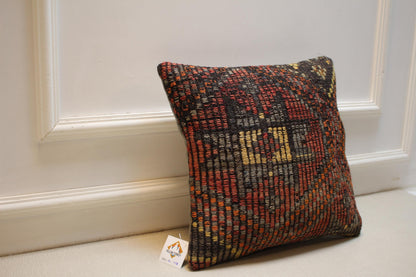 Vintage Turkish Kilim Pillow Cover 16x16: Handwoven Boho Cushion