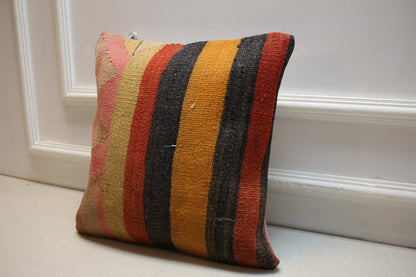 Handwoven Turkish Kilim Pillow Cover: Boho Tribal Cushion 16x16
