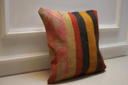 Handwoven Turkish Kilim Pillow Cover: Boho Tribal Cushion 16x16