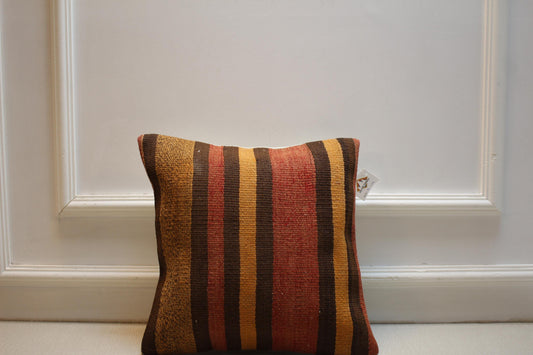 Handwoven Kilim Pillow Cover 16x16: Rustic Brown Mustard Terracotta Throw Cushion