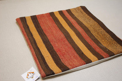 Handwoven Kilim Pillow Cover 16x16: Rustic Brown Mustard Terracotta Throw Cushion