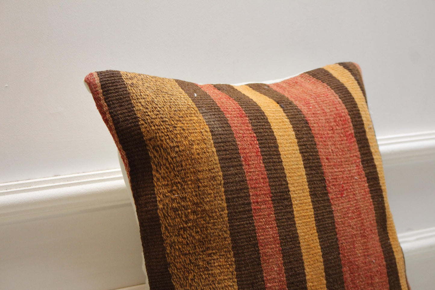 Handwoven Kilim Pillow Cover 16x16: Rustic Brown Mustard Terracotta Throw Cushion