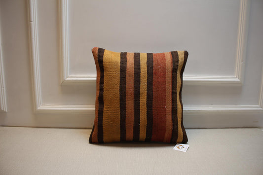 Vintage Turkish Kilim Pillow Cover 16x16, Handmade Boho Cushion, Rustic Farmhouse Tribal Decorative Throw