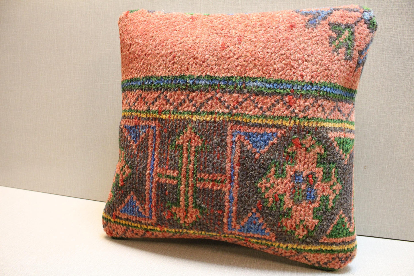 Handwoven Kilim Pillow Cover: Boho Turkish Rug Cushion, 16x16