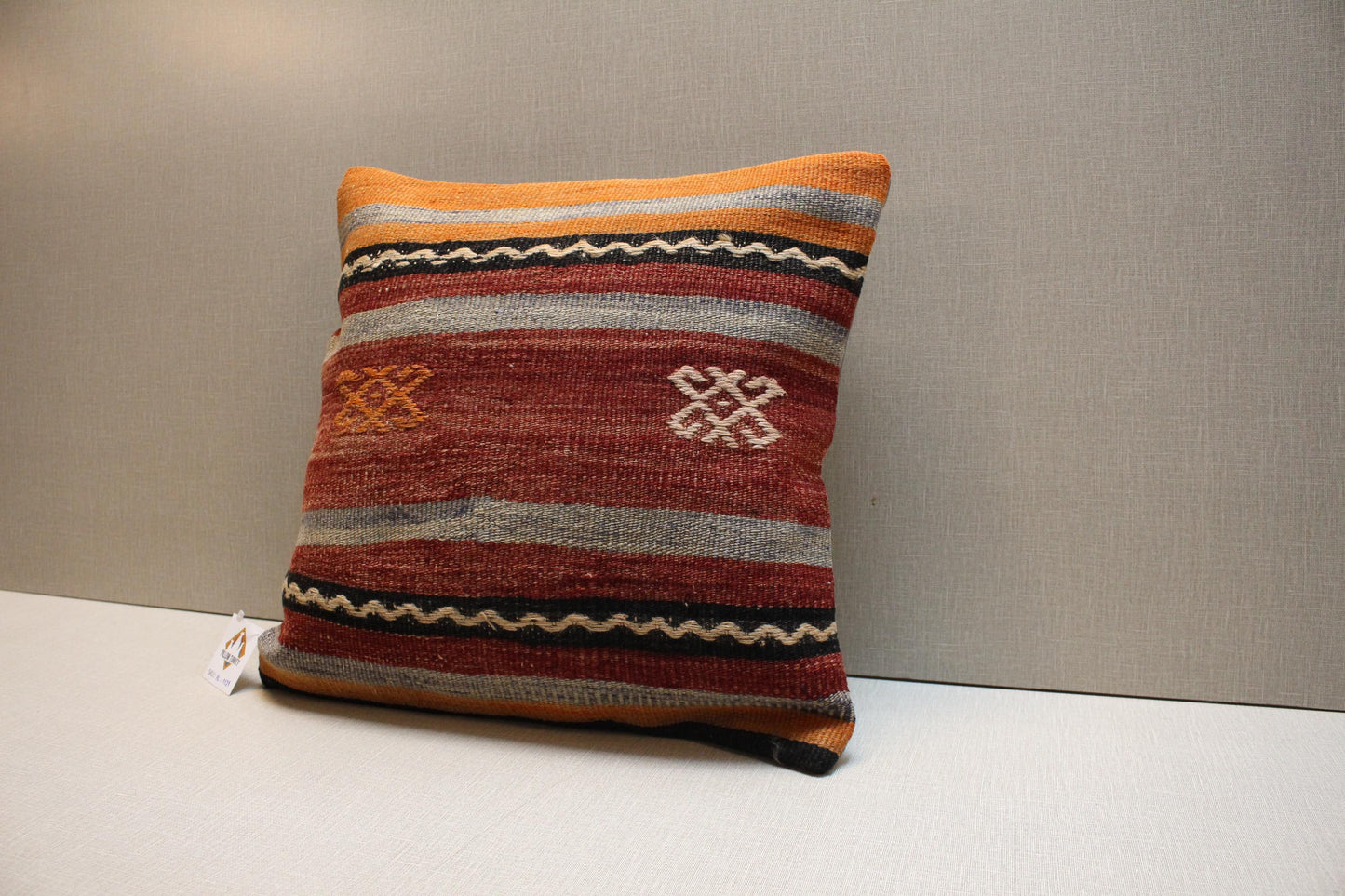 Handwoven Kilim Pillow Cover: Rust Red & Mustard Yellow Boho Cushion (16x16 inch)