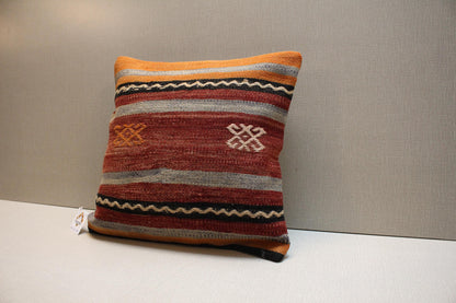 Handwoven Kilim Pillow Cover: Rust Red & Mustard Yellow Boho Cushion (16x16 inch)