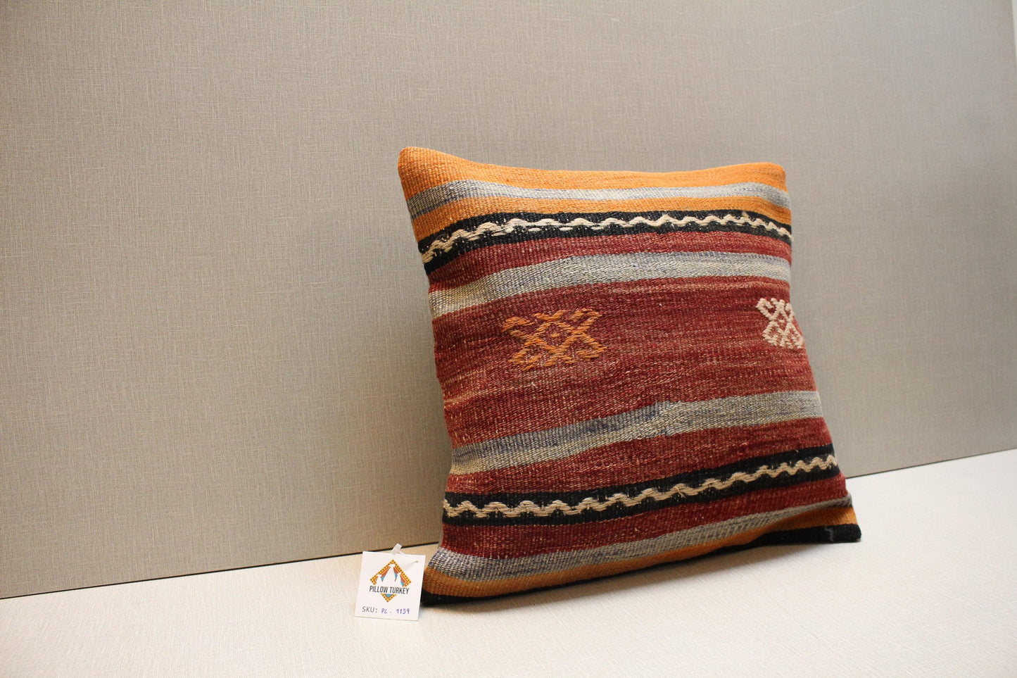 Handwoven Kilim Pillow Cover: Rust Red & Mustard Yellow Boho Cushion (16x16 inch)