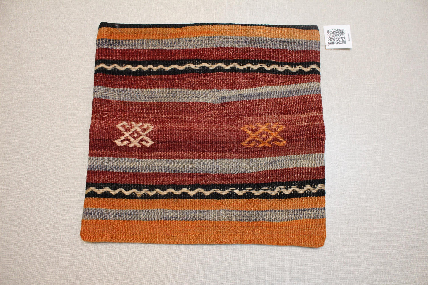 Handwoven Kilim Pillow Cover: Rust Red & Mustard Yellow Boho Cushion (16x16 inch)