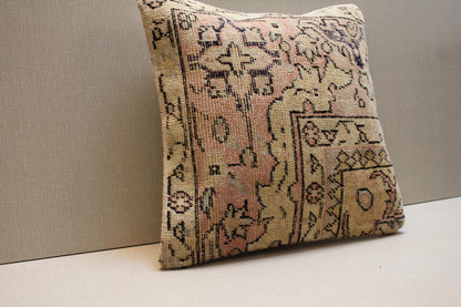 Handwoven Kilim Pillow Cover: Vintage Turkish Rug, Pastel Beige & Pink 16x16