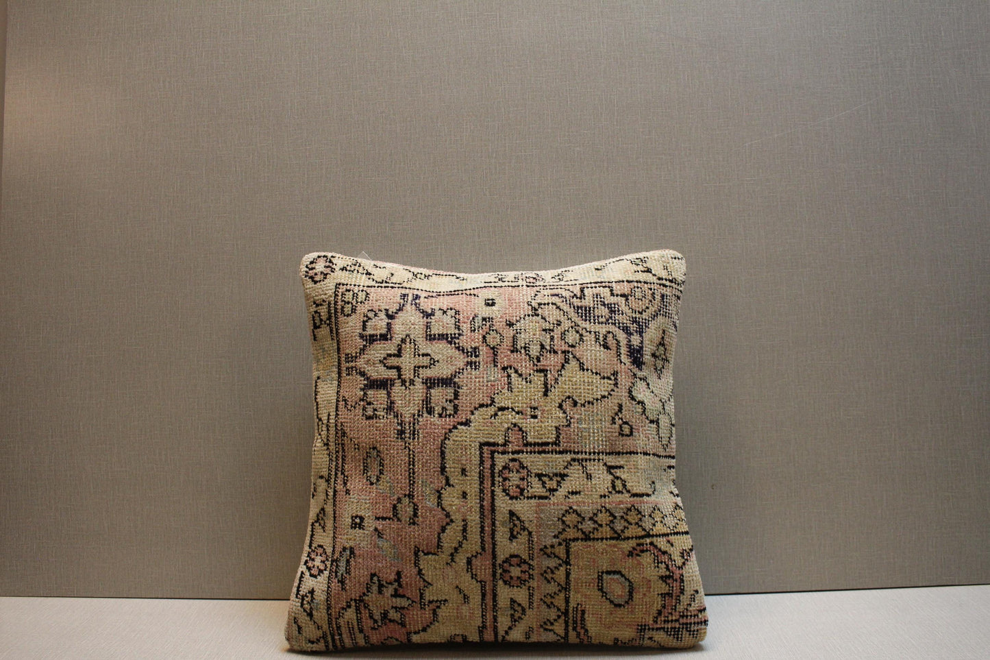 Handwoven Kilim Pillow Cover: Vintage Turkish Rug, Pastel Beige & Pink 16x16