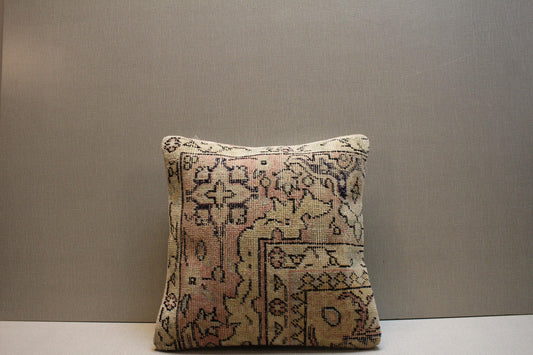 Handwoven Kilim Pillow Cover: Vintage Turkish Rug, Pastel Beige & Pink 16x16
