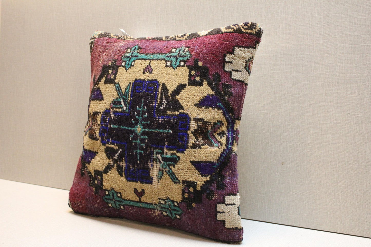 Handwoven Kilim Pillow Cover: Purple, Beige, Teal Tribal Design - 16x16 Boho Decor