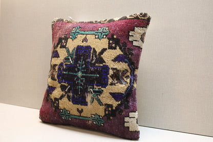 Handwoven Kilim Pillow Cover: Purple, Beige, Teal Tribal Design - 16x16 Boho Decor