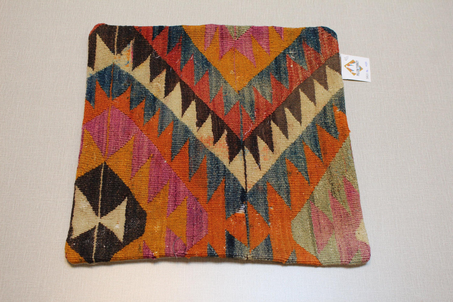 Handwoven Kilim Pillow Cover: Vintage Turkish Geometric Cushion, 16x16