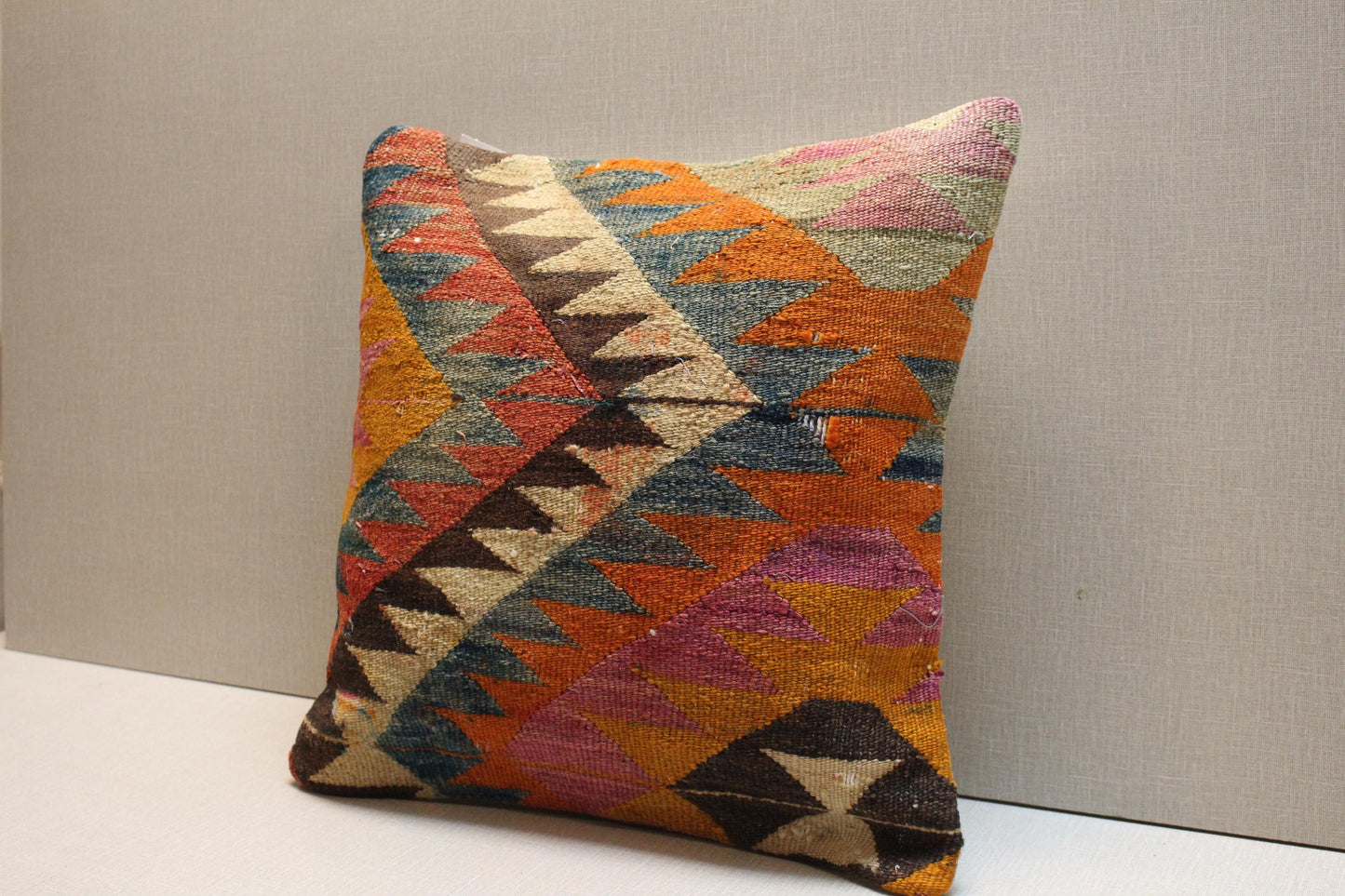 Handwoven Kilim Pillow Cover: Vintage Turkish Geometric Cushion, 16x16