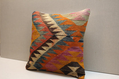 Handwoven Kilim Pillow Cover: Vintage Turkish Geometric Cushion, 16x16