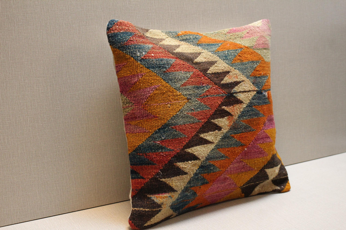 Handwoven Kilim Pillow Cover: Vintage Turkish Geometric Cushion, 16x16