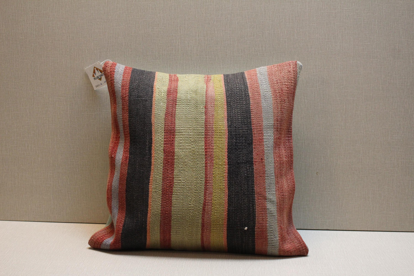 Handmade Striped Kilim Pillow Cover: Vintage Turkish Rug Cushion, 16x16 Boho Throw
