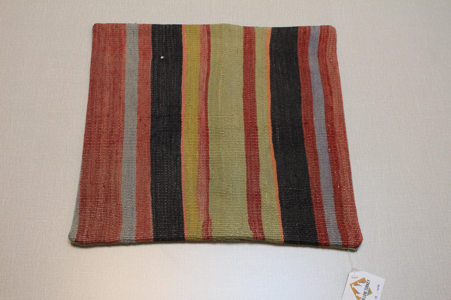 Handmade Striped Kilim Pillow Cover: Vintage Turkish Rug Cushion, 16x16 Boho Throw
